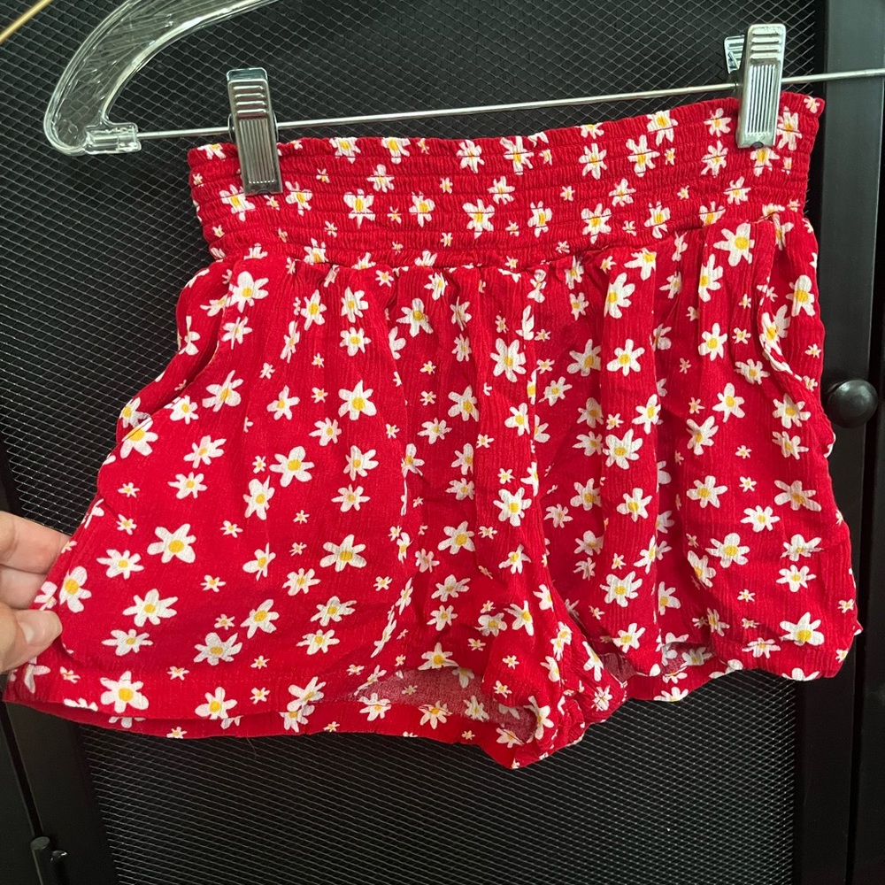 Girls Casual Shorts- Red with yellow and white flowers